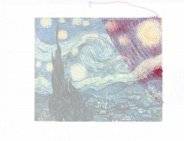 Starry Night by Van Gogh, drawn by a freakin’ robot with ADD, overlaid the subject image