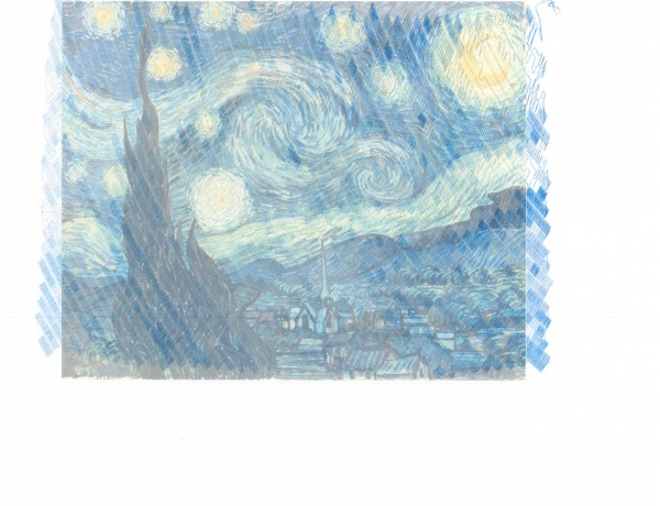 Starry Night by Van Gogh, drawn by a freakin’ robot with narcolepsy, overlaid the subject image