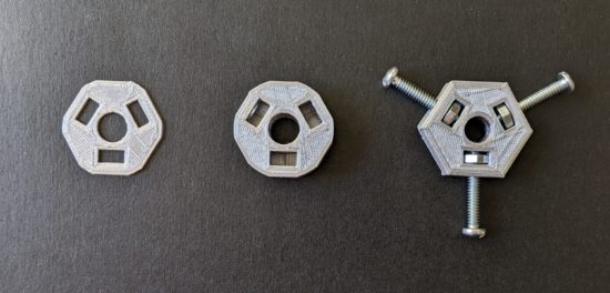 Thin printed test piece on the left, OpenSCAD model in the center, TinkerCAD model on the right