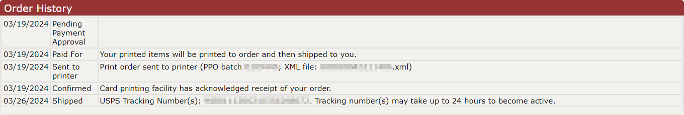 Order confirmation and status screen